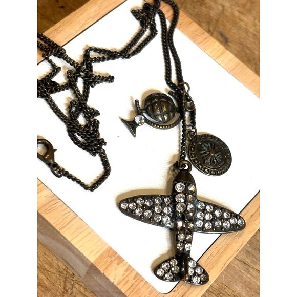 Vintage-Inspired Airplane Pendant Necklace With Globe & Compass Charms Rhineston - Picture 4 of 7